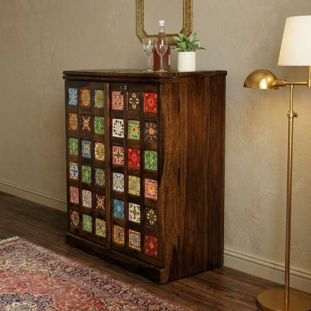 PRITI Premium Sheesham Wood Home Bar Cabinet with Storage