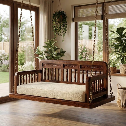 PRITI Premium Sheesham Wood Jhula | 2 Seater Wooden Swing with Crème Boucle Seat