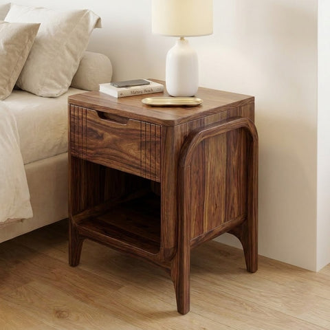 PRITI Premium Sheesham Wood Nightstand with Drawer & Shelf