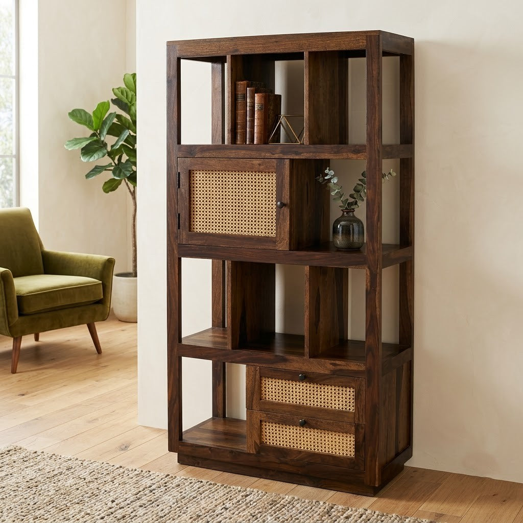 PRITI Premium Sheesham Wood Open Bookshelf with Rattan Cane Storage