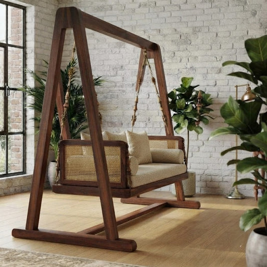 PRITI Premium Sheesham Wood Swing with Crème Boucle Upholstery