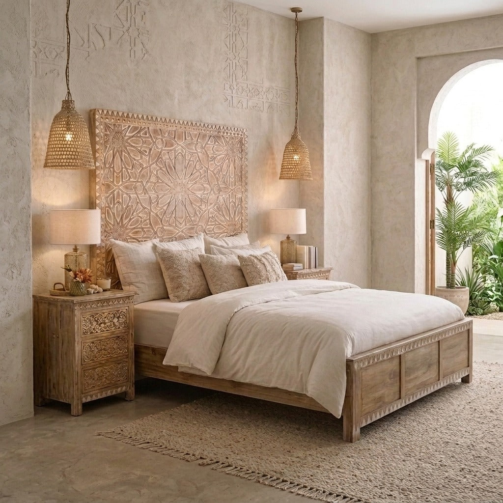 PRITI Premium Solid Mango Wood Bed with Intricate Floral Carving