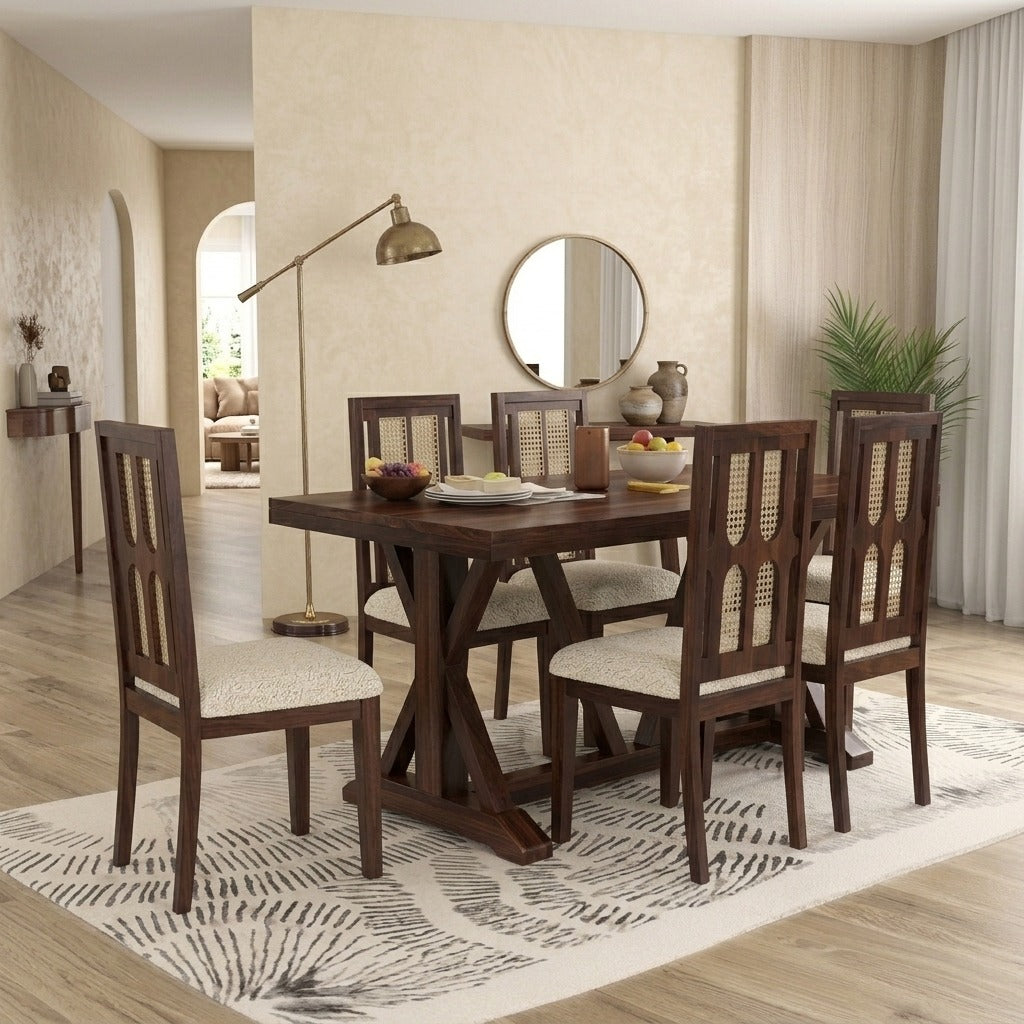 PRITI Premium Solid Sheesham Wood 6 Seater Dining Set with Cushioned Chairs – Dark Walnut