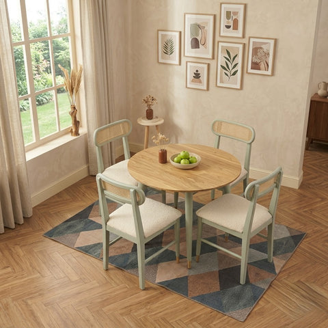 PRITI Premium Solid Wood 4 Seater Round Dining Set with Rattan Cane