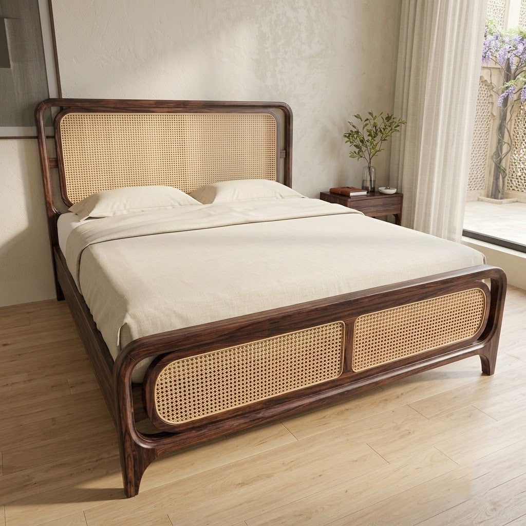 PRITI Premium Solid Wood Bed with Cane Panel Headboard – King Size, Dark Walnut Finish