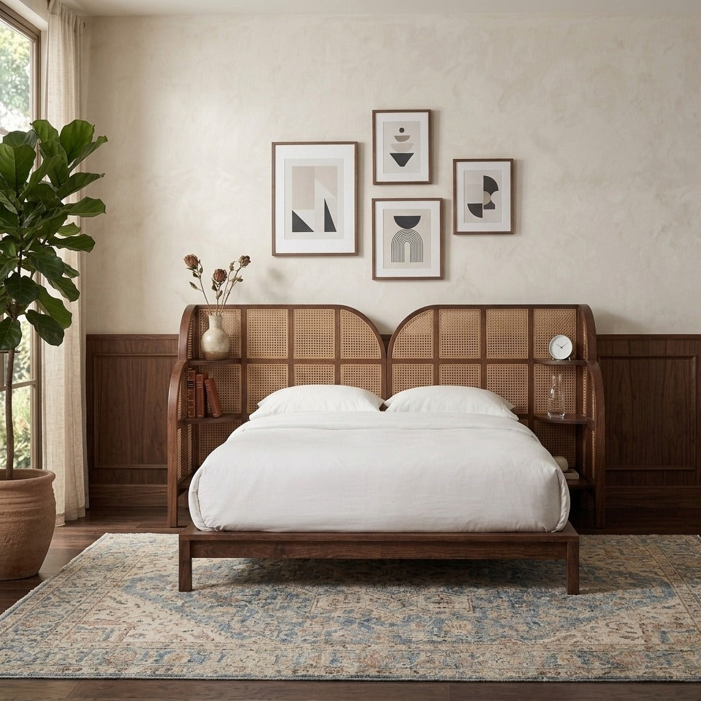 PRITI Premium Solid Wood Rattan Cane Bed Frame – Wooden Slice