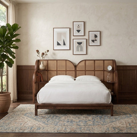 PRITI Premium Solid Wood Rattan Cane Bed Frame – Wooden Slice