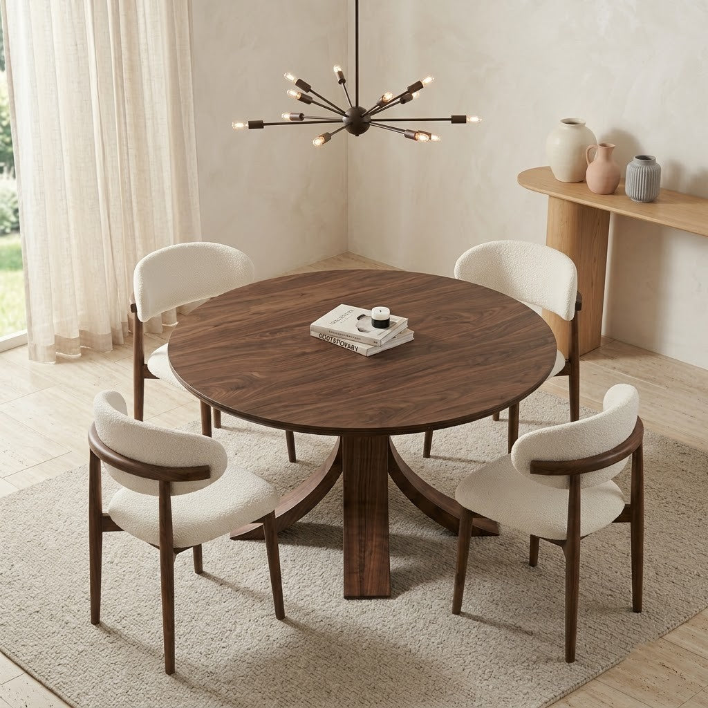 PRITI Premium Solid Wood Round Dining Table Set for 4 – Dark Walnut Finish