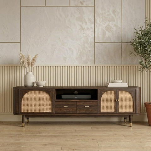 PRITI Premium Solid Wood TV Unit with Cane Panel Cabinets in Dark Walnut Sheesham Finish