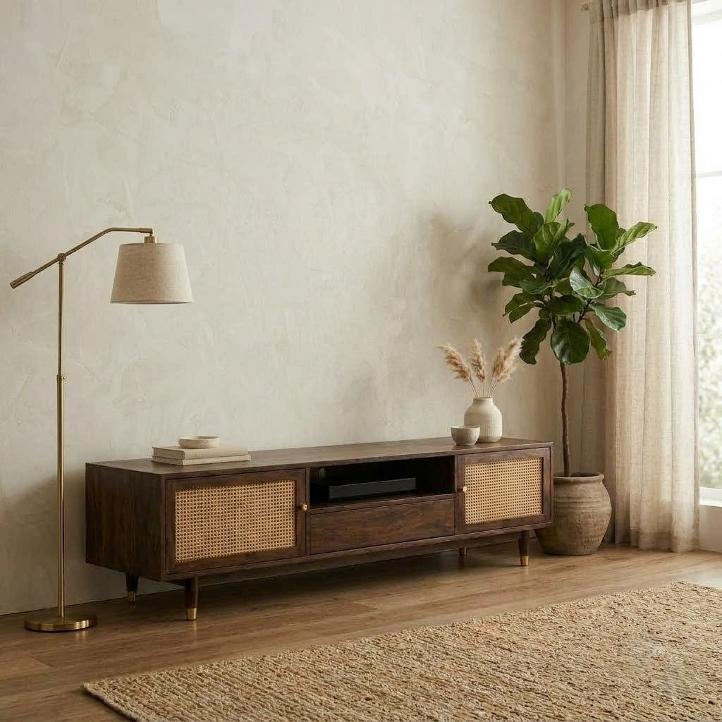 PRITI Premium Solid Wood TV Unit with Cane Panel Cabinet