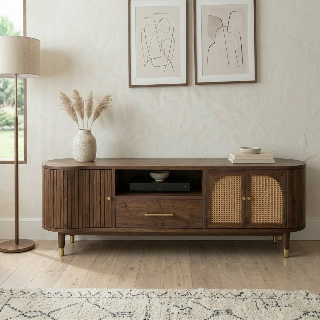 PRITI Premium Solid Wood TV Unit with Cane Panel Cabinet in Dark Walnut Sheesham Finish