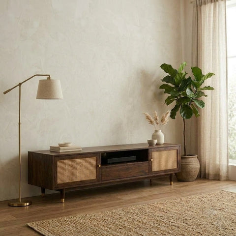 PRITI Premium Solid Wood TV Unit with Cane Panel Cabinet