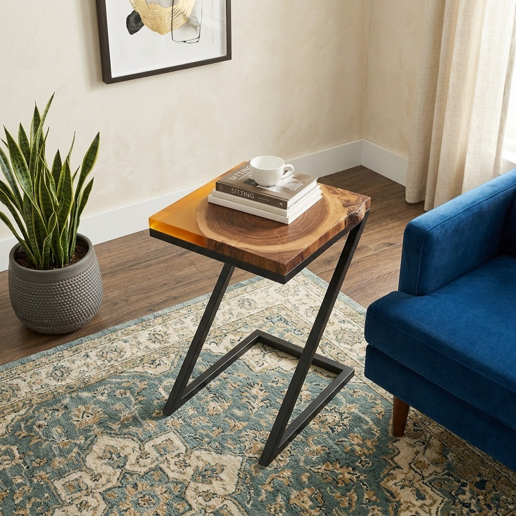 PRITI Premium Teak Wood Side Table with Lemon Resin Finish | Modern End Table