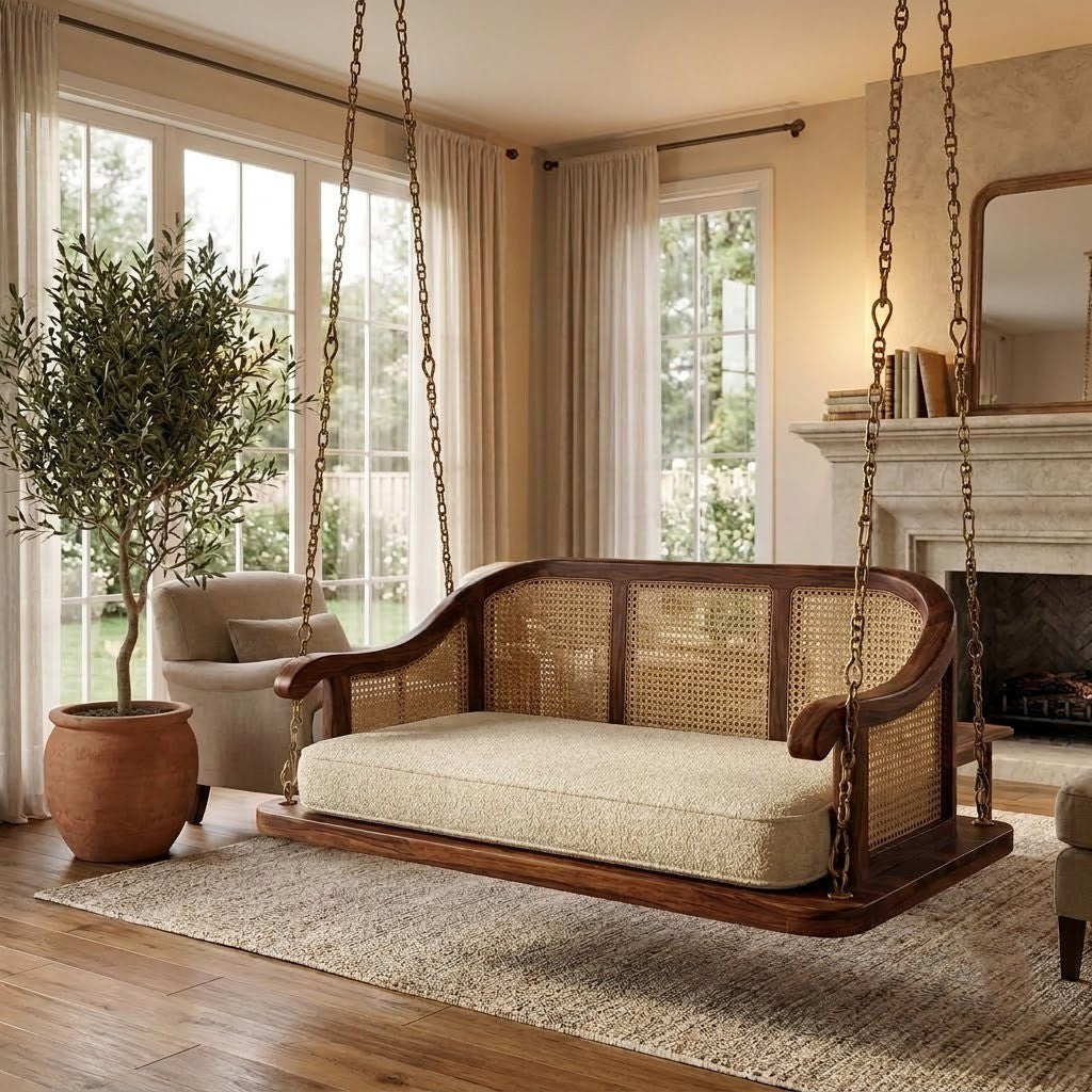 PRITI Premium Wooden Jhula for Home with Crème Boucle Cushioned Seating