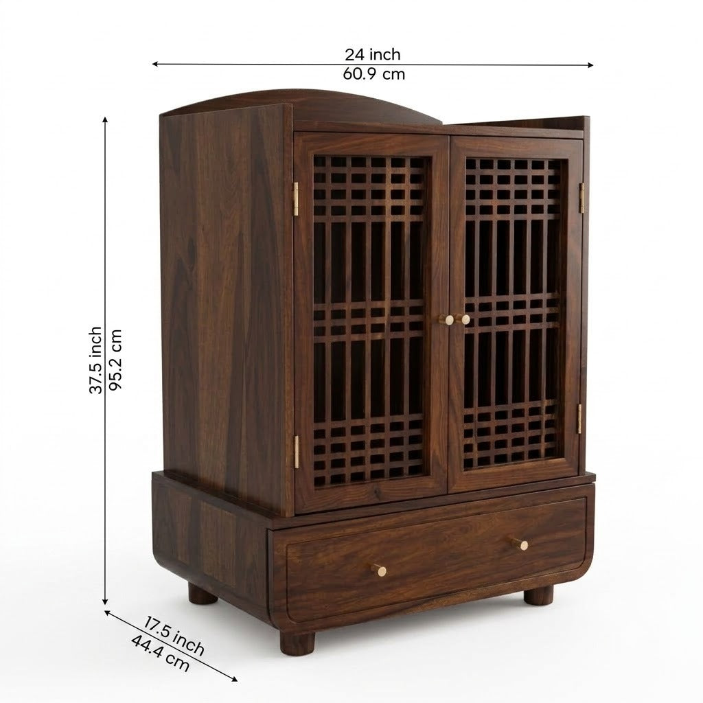 PRITI Premium Wooden Mandir with Large Storage Drawer for Pooja Room