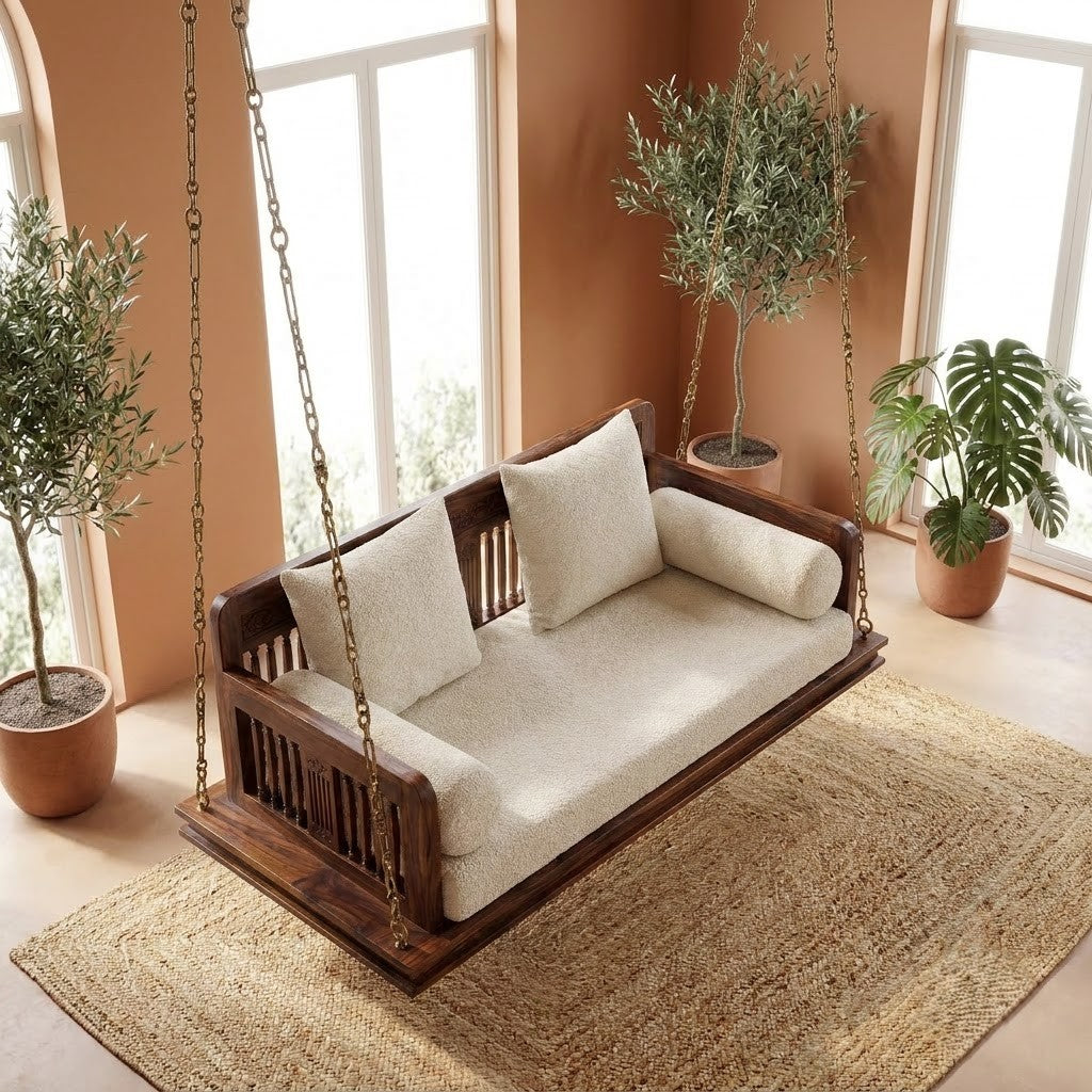 PRITI Premium Wooden Swing Chair – 2 Seater Sheesham Wood with Boucle Upholstery
