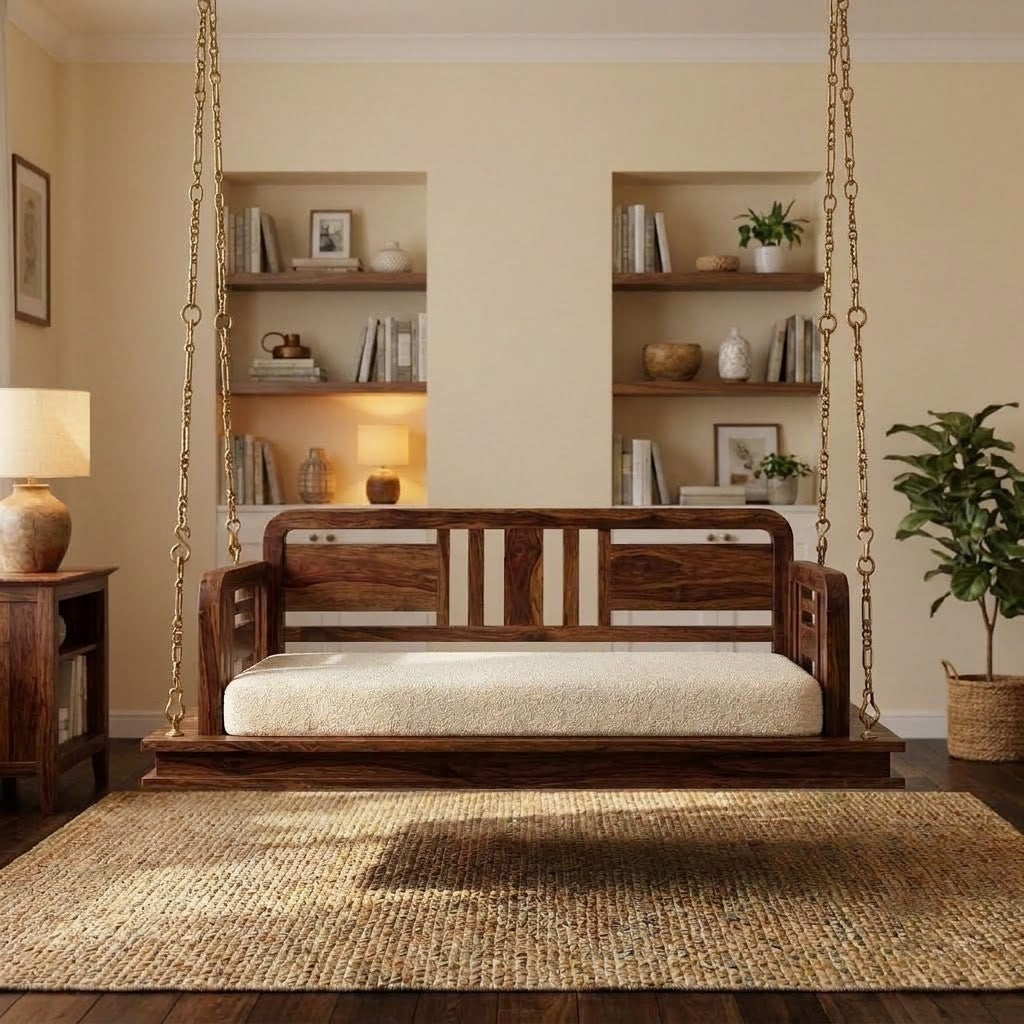PRITI Premium Wooden Swing Chair with Dark Walnut Sheesham Frame
