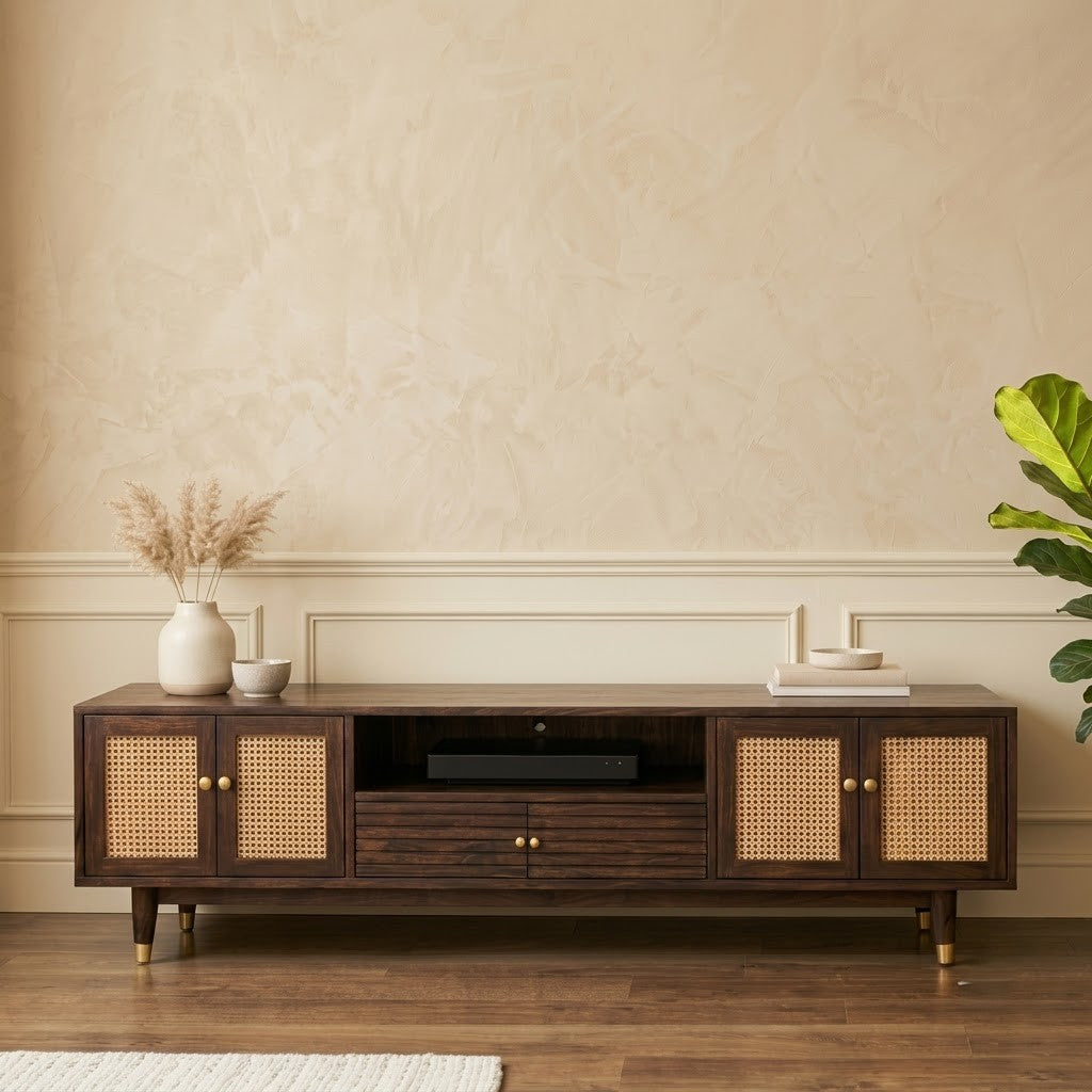 PRITI Premium Wooden TV Cabinet with Cane Doors – TV Unit for 65 Inch TV