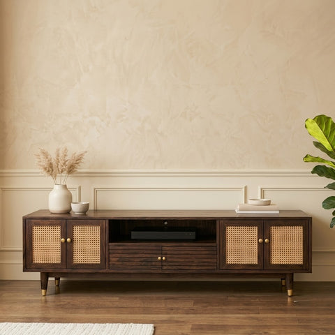 PRITI Premium Wooden TV Cabinet with Cane Doors – TV Unit for 65 Inch TV