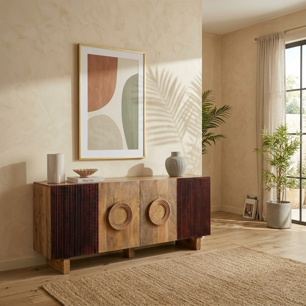 PRITI Rattan Front Solid Wood Sideboard