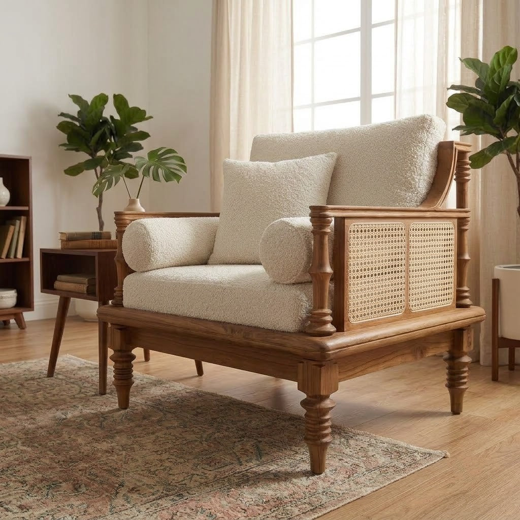 PRITI Rattan Lounge Chair with Wooden Frame