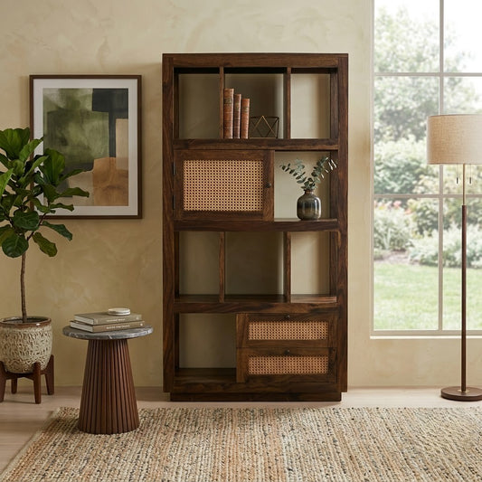 PRITI Rattan Solid Sheesham Wood Bookshelf with Cane Door and Drawers