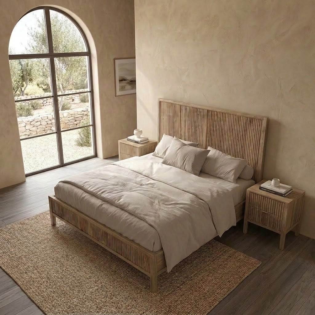 PRITI Reeded Wood Bed Frame – Warm Natural Wood Finish