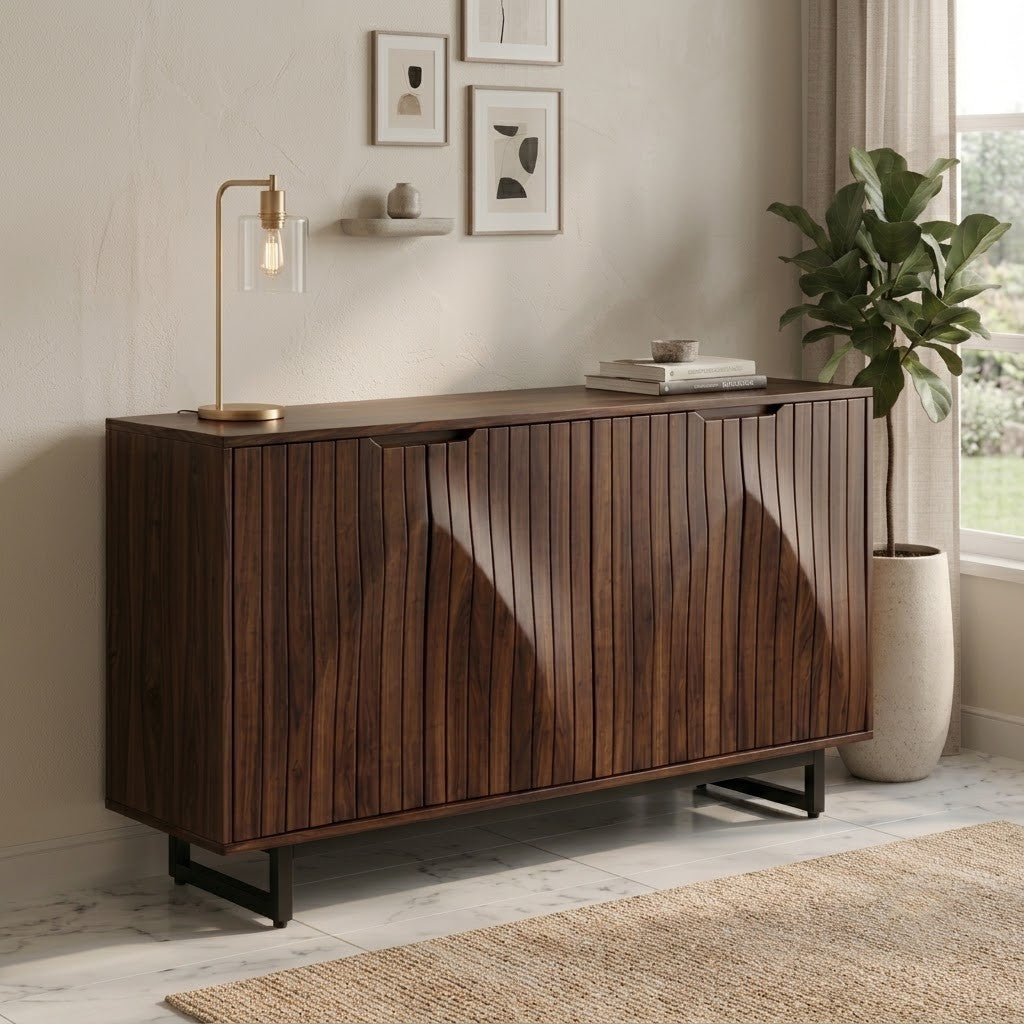 PRITI Ribbed Door Sideboard – Walnut Wood Cabinet