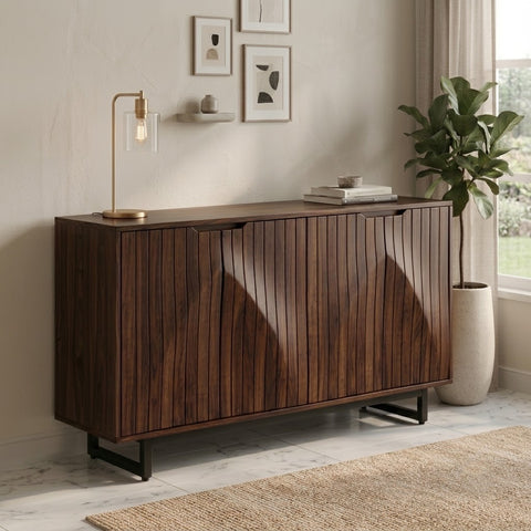 PRITI Ribbed Door Sideboard – Walnut Wood Cabinet