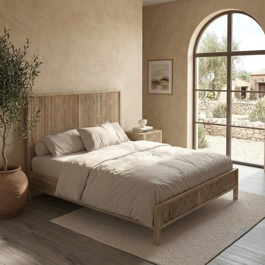 PRITI Ribbed Wood Bed – Natural Oak Finish, Single & King