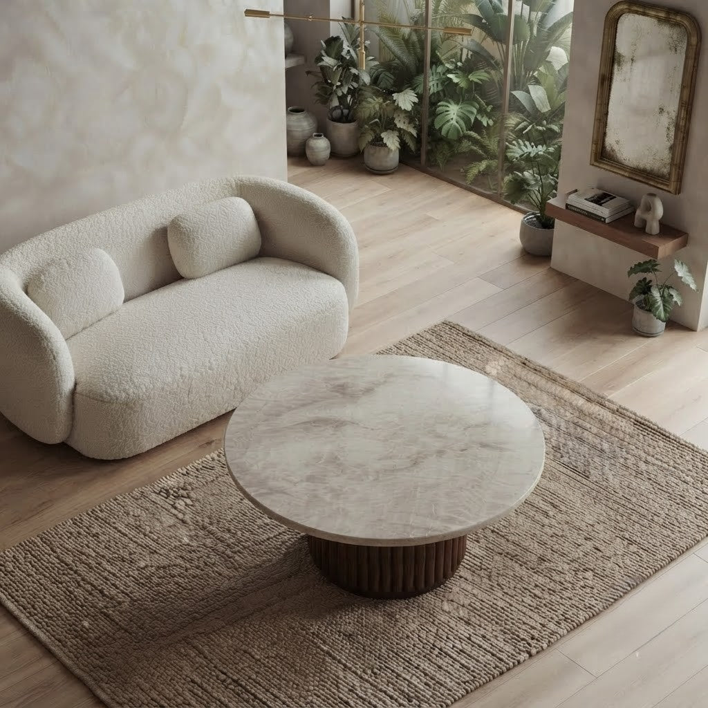 PRITI Round Coffee Table with Slatted Wood Base