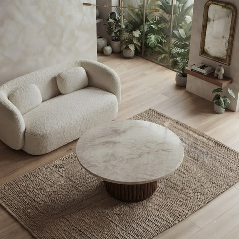 PRITI Round Coffee Table with Slatted Wood Base