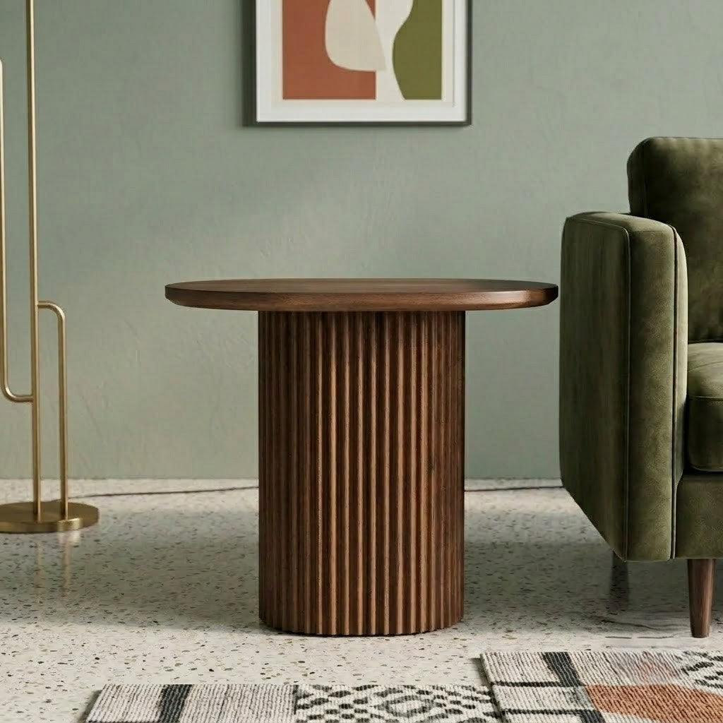 PRITI Round Mango Wood End Table with Fluted Pedestal Base