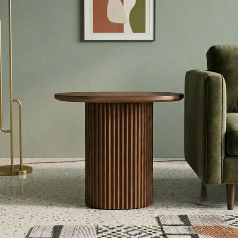PRITI Round Mango Wood End Table with Fluted Pedestal Base