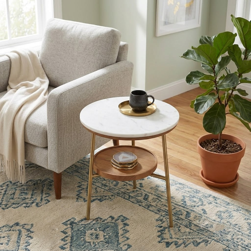 PRITI Round Marble Side Table | Sleek Steel-Framed End Table