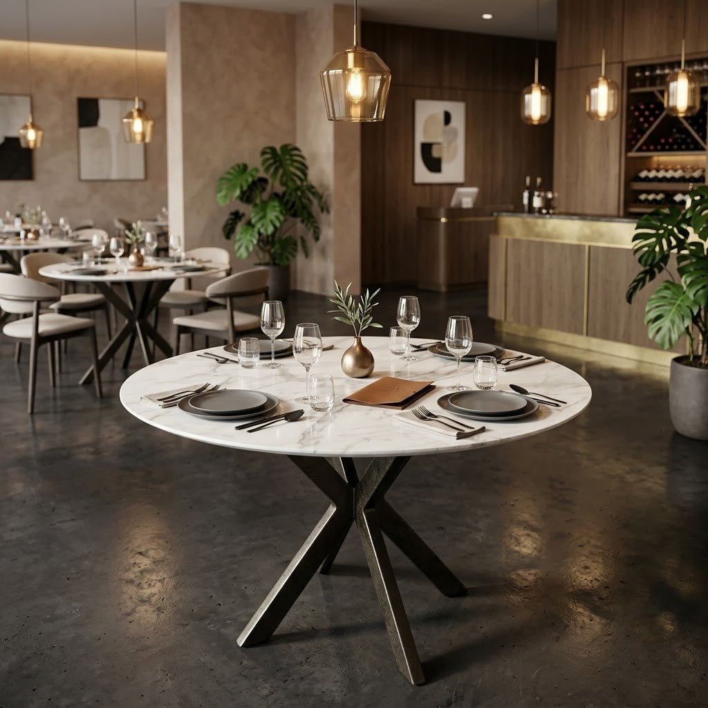 PRITI Round Quartz Top Cafe Table with Black Metal Base