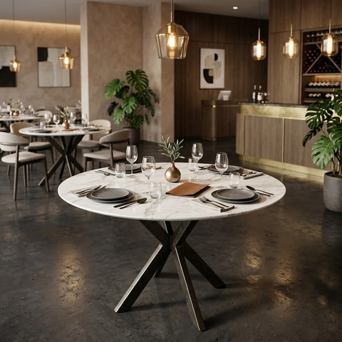 PRITI Round Quartz Top Cafe Table with Black Metal Base