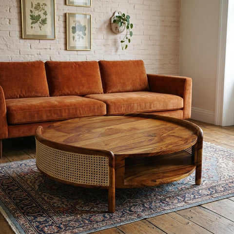 PRITI Round Sheesham Wood Coffee Table with Rattan Cane Storage Shelf