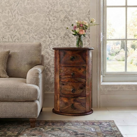 PRITI Round Sheesham Wood Side Table with 4 Drawers | Bedside & Sofa End Table