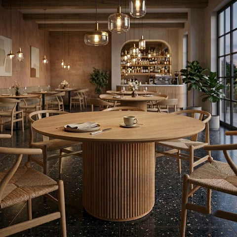 PRITI Round Wood Cafe Table with Fluted Base