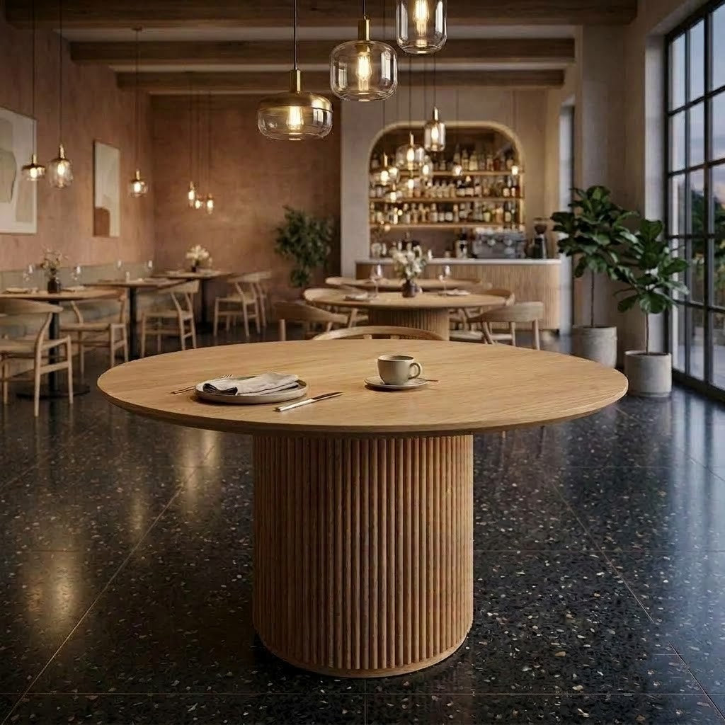 PRITI Round Wood Table with Fluted Pedestal Base, 1000 mm