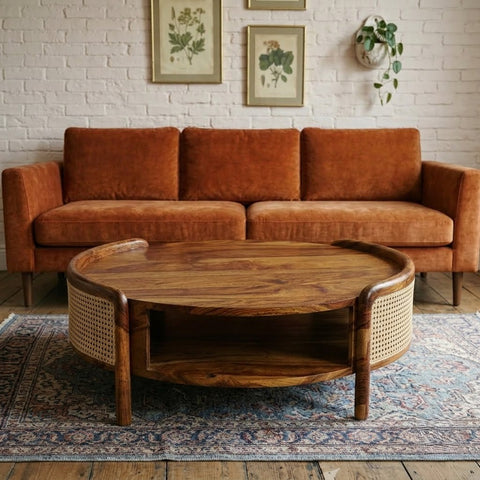 PRITI Round Wooden Coffee Table with Cane Weave & Storage