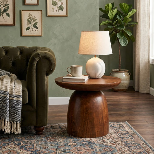 PRITI Round Wooden End Table in Dark Walnut | Solid Sheesham Wood