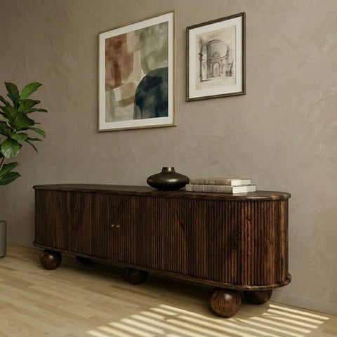 PRITI Rounded Fluted Console – Solid Wood Living Room TV Unit