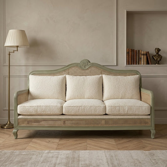 PRITI Sage Green Cane Sofa with Cream Boucle Upholstery | Summer Garden Sofa