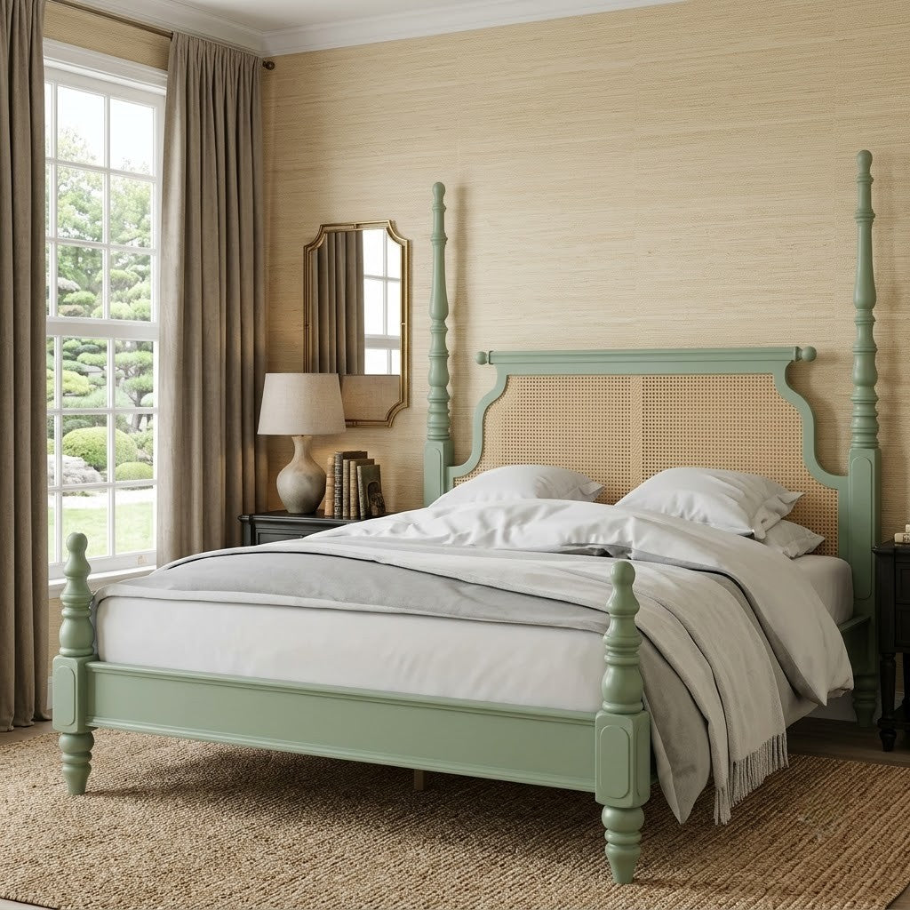 PRITI Sage Green Mango Wood Bed with Woven Cane Headboard