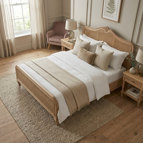 PRITI Sage Green Rattan bed with carved wooden headboard