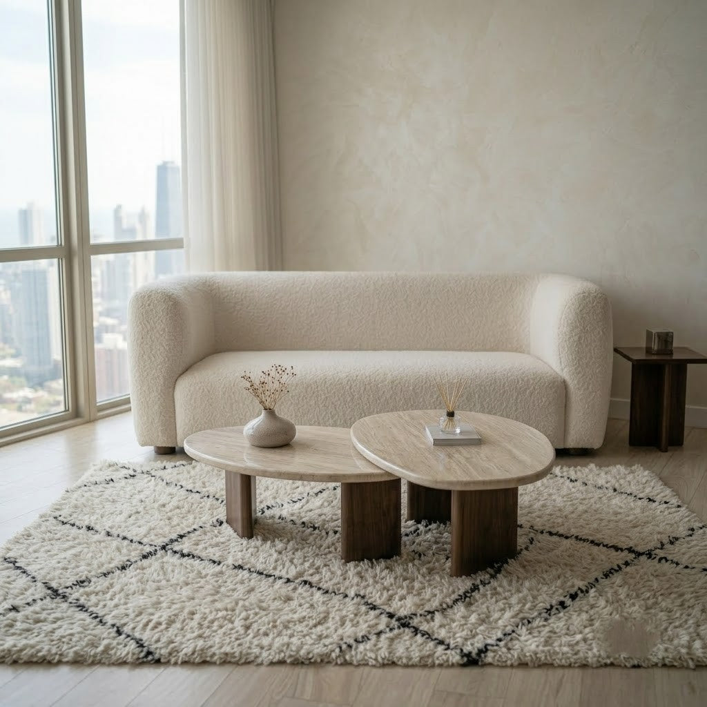 PRITI Sculptural Oval Coffee Table Set with Travertine Finish
