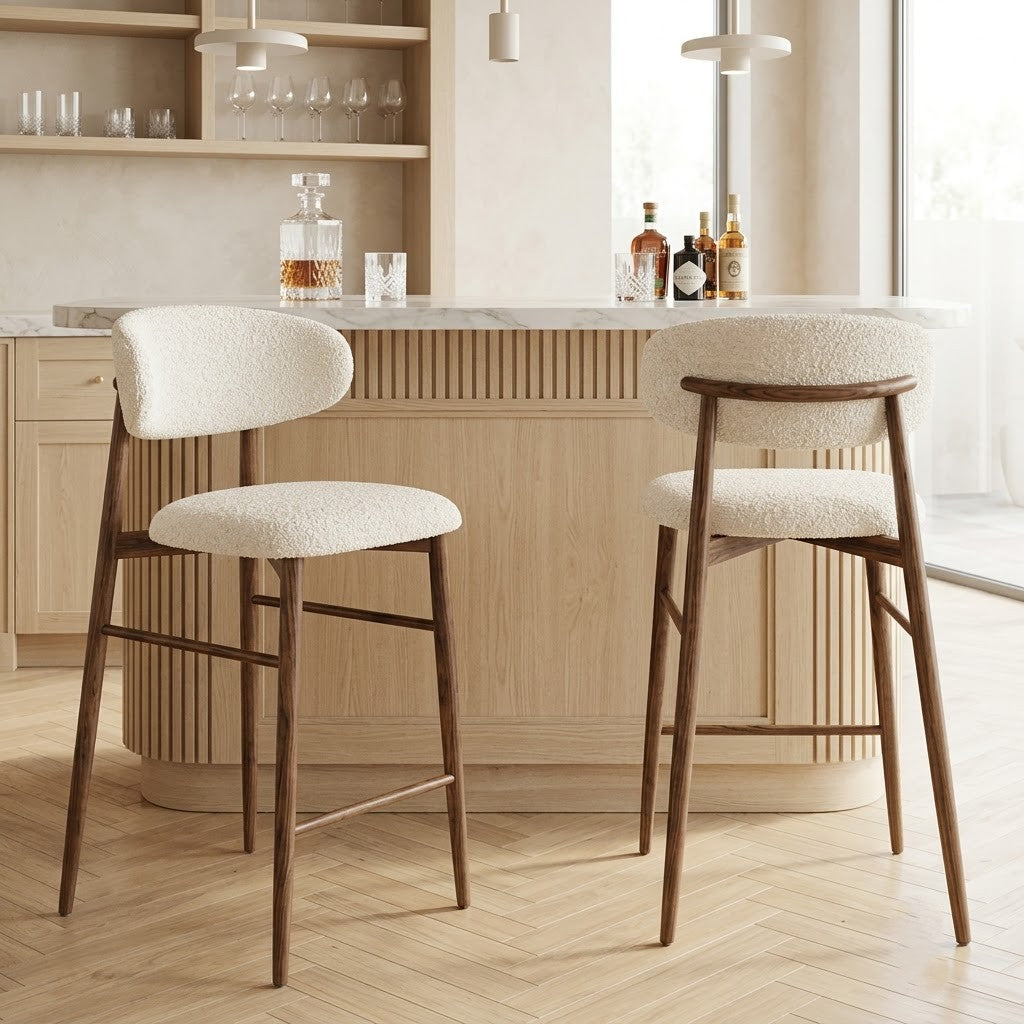 PRITI Set of 2 Upholstered Kitchen Stools – Cream Boucle & Dark Walnut Wood