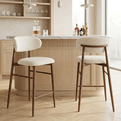 PRITI Set of 2 Upholstered Kitchen Stools – Cream Boucle & Dark Walnut Wood